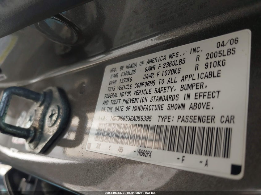 2006 HONDA ACCORD VIN: 1HGCM66536A056395