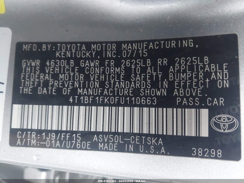 2015 TOYOTA CAMRY VIN: 4T1BF1FK0FU110663