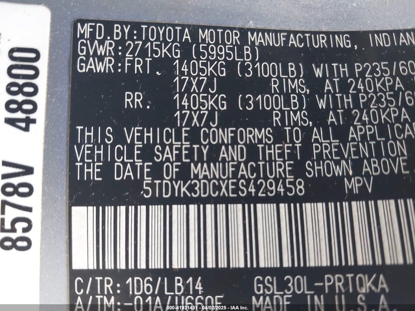 2014 TOYOTA SIENNA XLE V6 8 PASSENGER - 5TDYK3DCXES429458