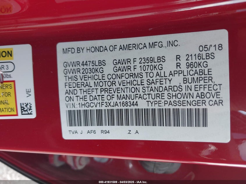 2018 HONDA ACCORD VIN: 1HGCV1F3XJA168344
