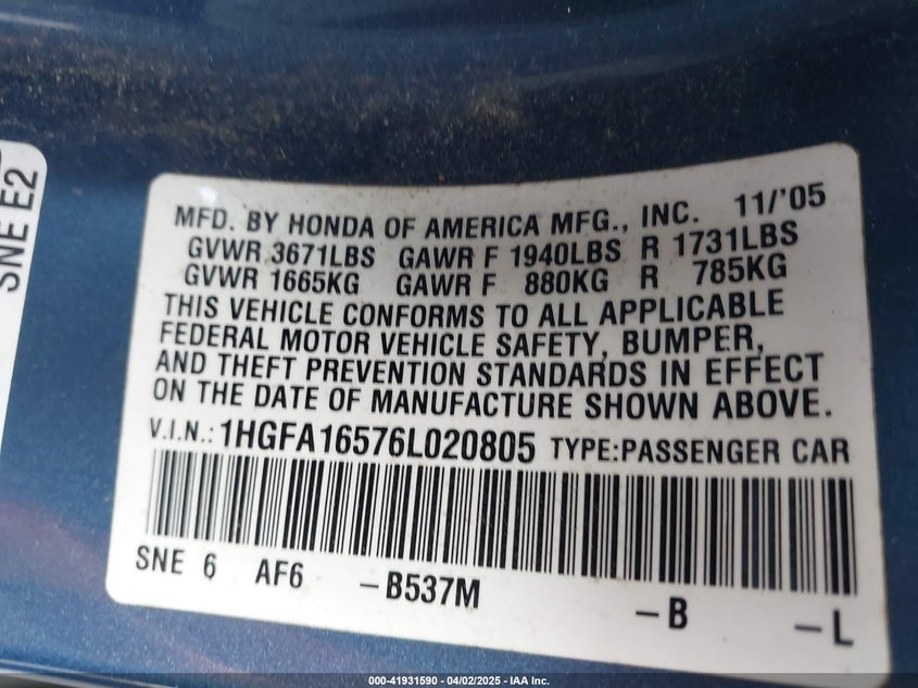 2006 HONDA CIVIC VIN: 1HGFA16576L020805