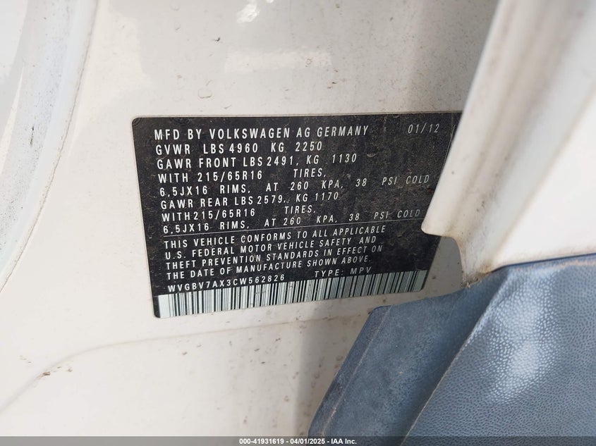 2012 VOLKSWAGEN TIGUAN VIN: WVGBV7AX3CW562826