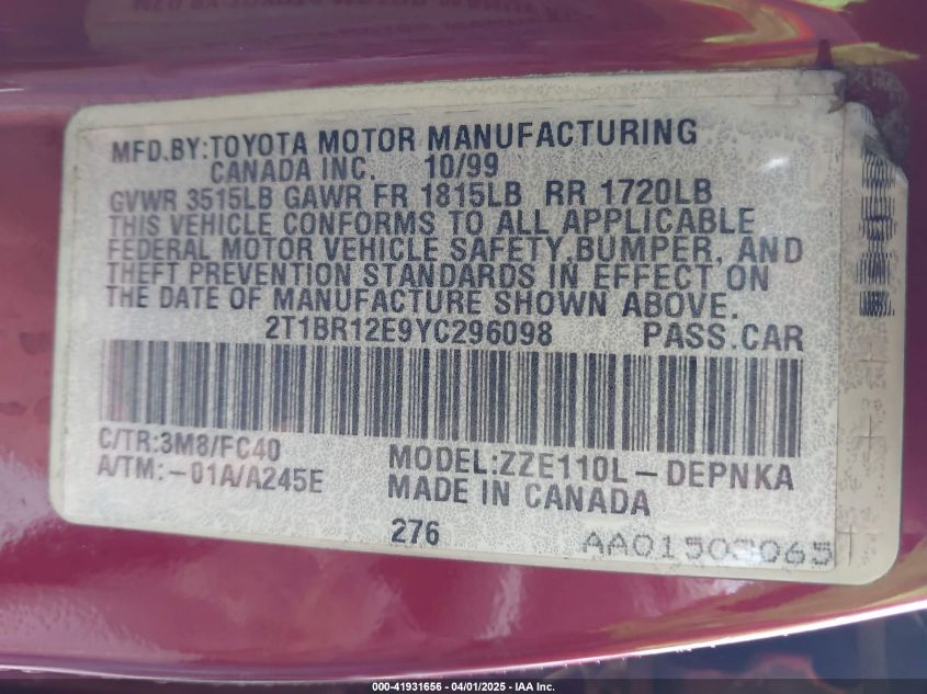 2000 Toyota Corolla Le VIN: 2T1BR12E9YC296098 Lot: 41931656