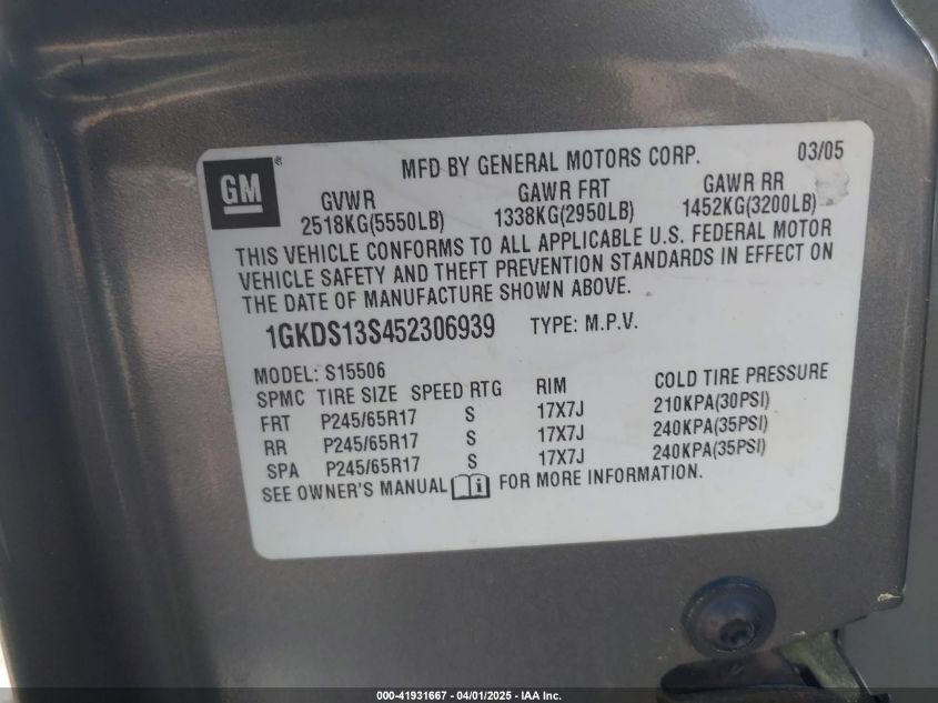 2005 GMC Envoy Slt VIN: 1GKDS13S452306939 Lot: 41931667