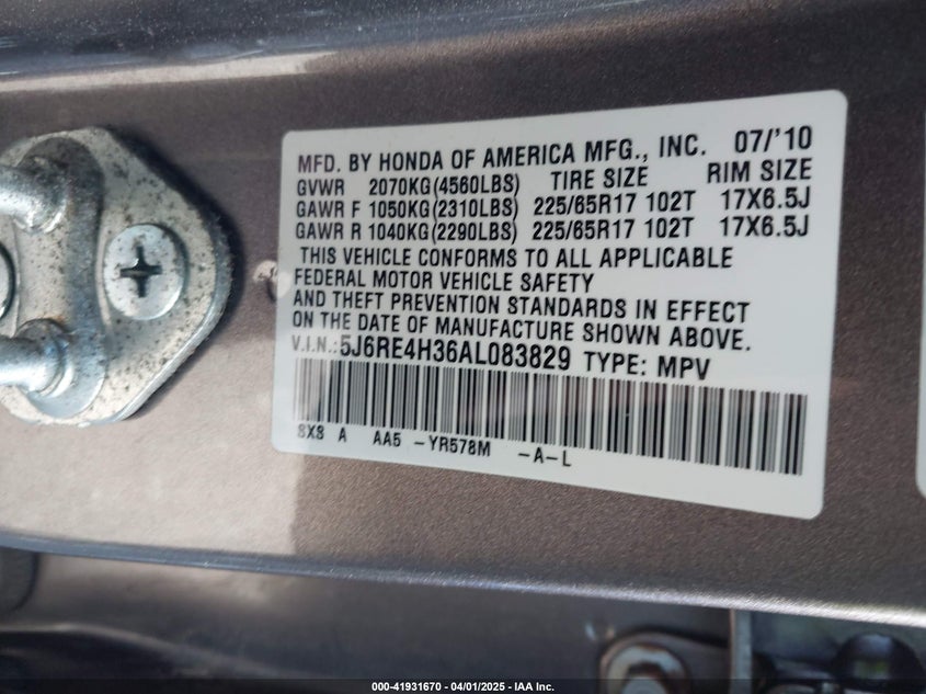 2010 HONDA CR-V VIN: 5J6RE4H36AL083829