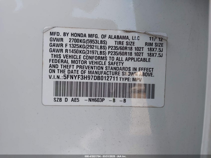 2013 HONDA PILOT TOURING - 5FNYF3H97DB012711