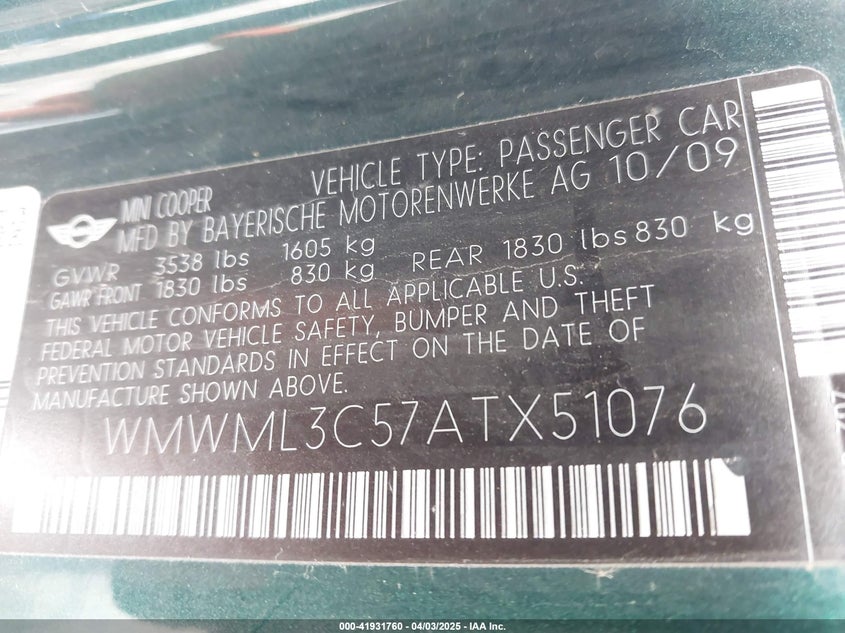 2010 MINI COOPER CLUBMAN VIN: WMWML3C57ATX51076