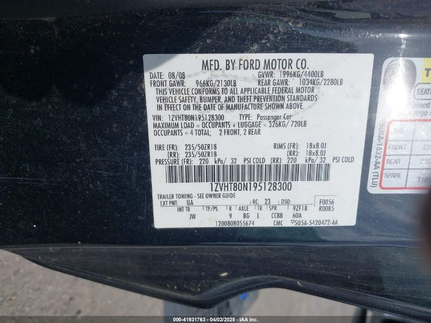 2009 Ford Mustang V6/V6 Premium VIN: 1ZVHT80N195128300 Lot: 41931763