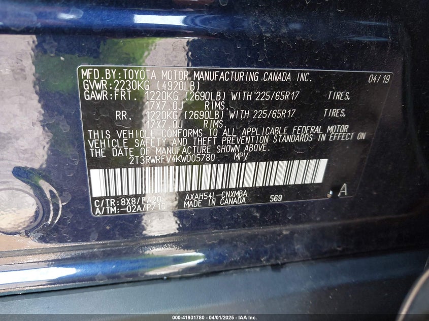 2019 TOYOTA RAV4 HYBRID XLE - 2T3RWRFV4KW005780