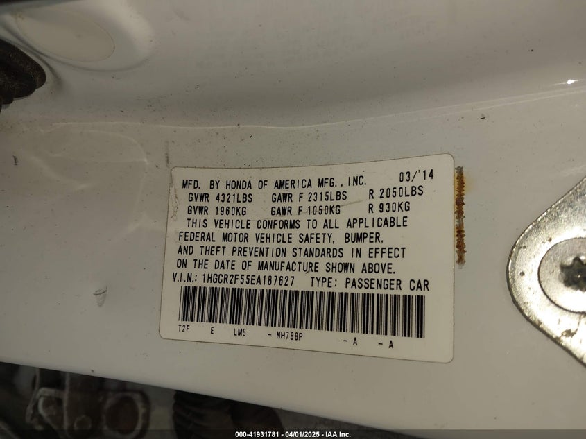 2014 HONDA ACCORD VIN: 1HGCR2F55EA187627