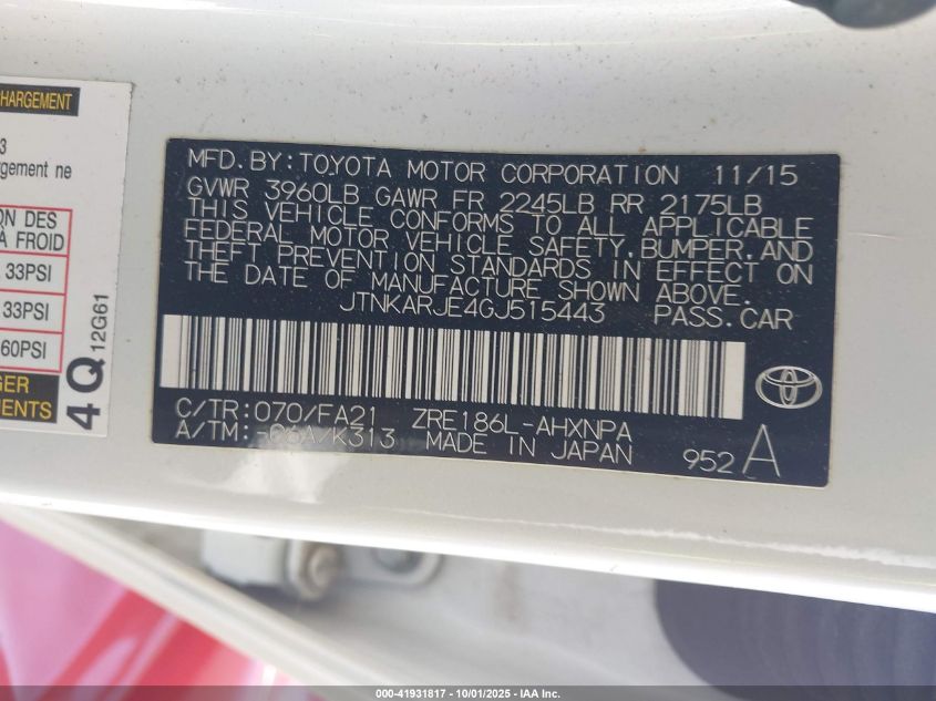 2016 Scion Im VIN: JTNKARJE4GJ515443 Lot: 41931817