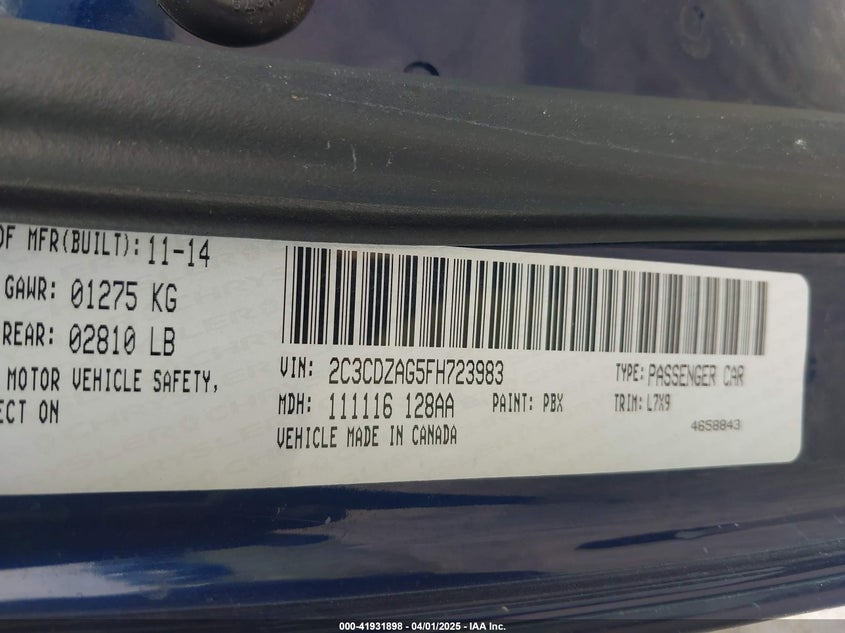 2015 DODGE CHALLENGER VIN: 2C3CDZAG5FH723983