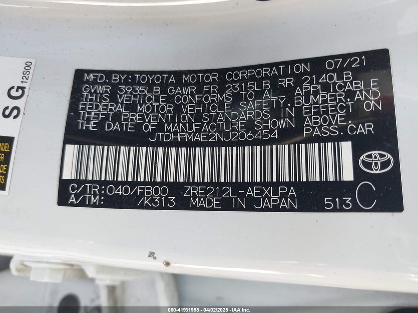 2022 TOYOTA COROLLA VIN: JTDHPMAE2NJ206454