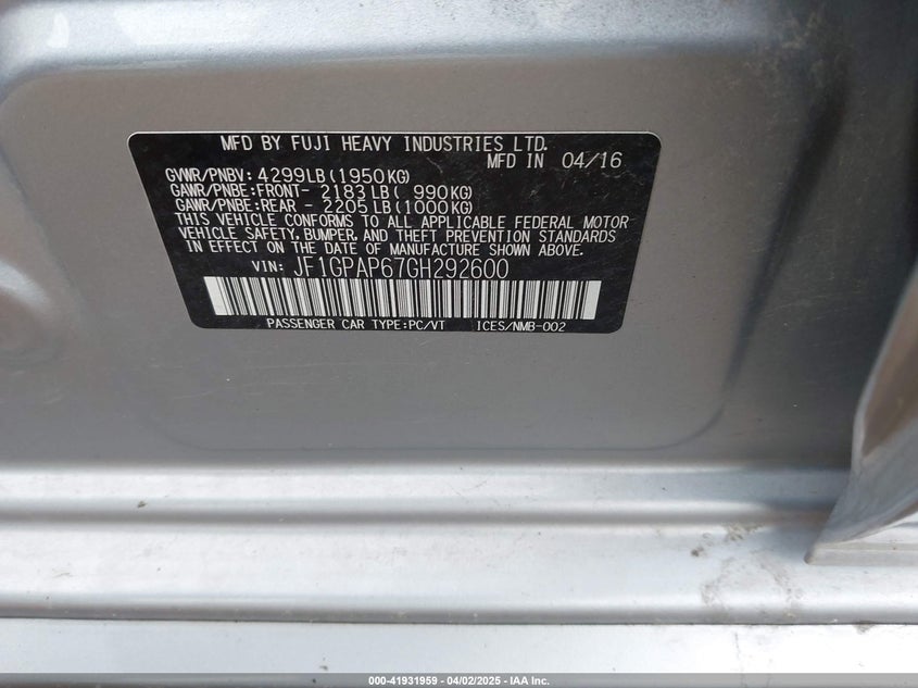 2016 SUBARU IMPREZA 2.0I SPORT PREMIUM - JF1GPAP67GH292600