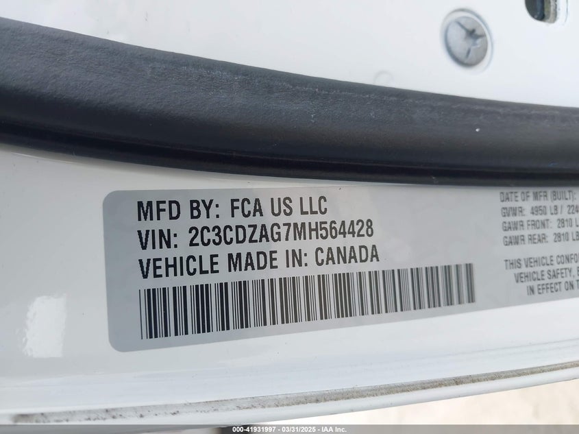 VIN 2C3CDZAG7MH564428 2021 DODGE CHALLENGER SXT