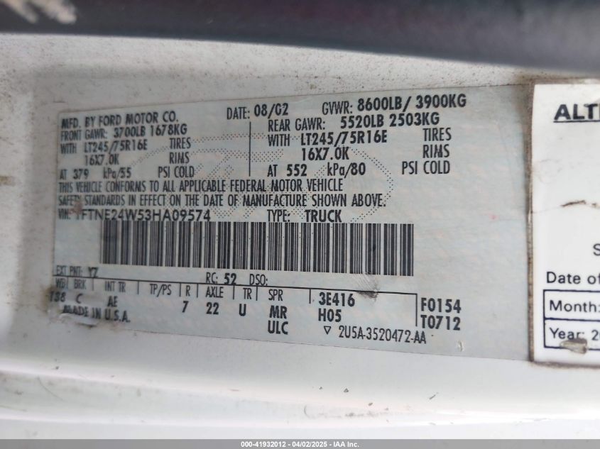 2003 Ford E-250 Commercial/Recreational VIN: 1FTNE24W53HA09574 Lot: 41932012