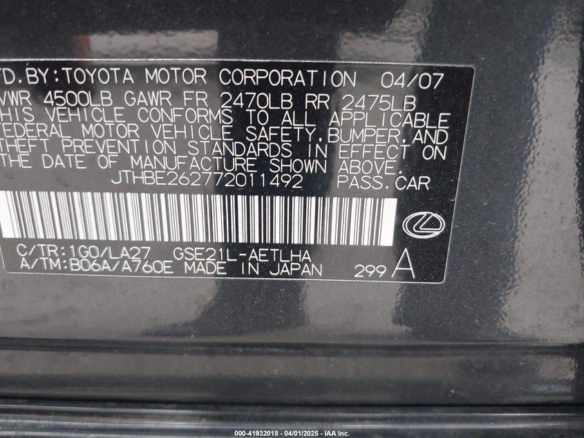 2007 LEXUS IS 350 VIN: JTHBE262772011492