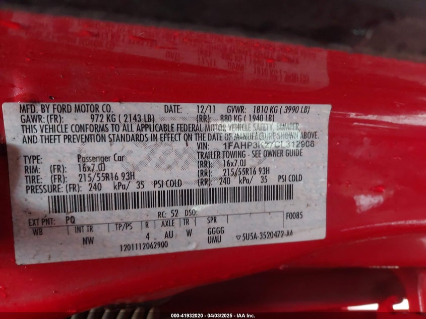2012 FORD FOCUS VIN: 1FAHP3K27CL312906