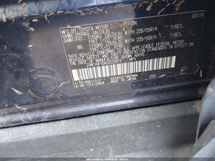 2019 TOYOTA RAV4 VIN: JTMC1RFV0KD022819