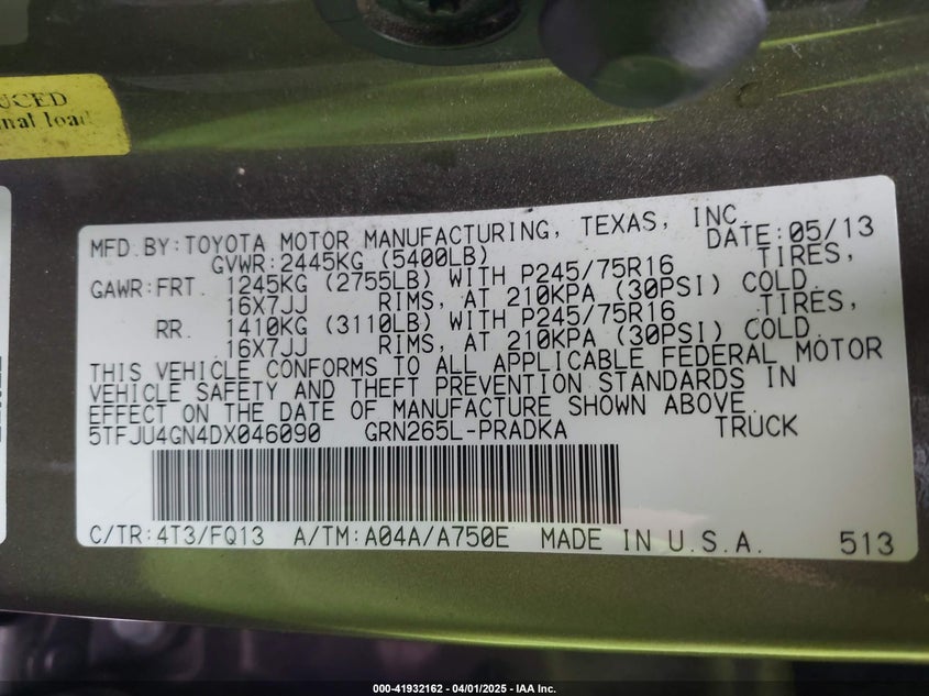 2013 TOYOTA TACOMA VIN: 5TFJU4GN4DX046090