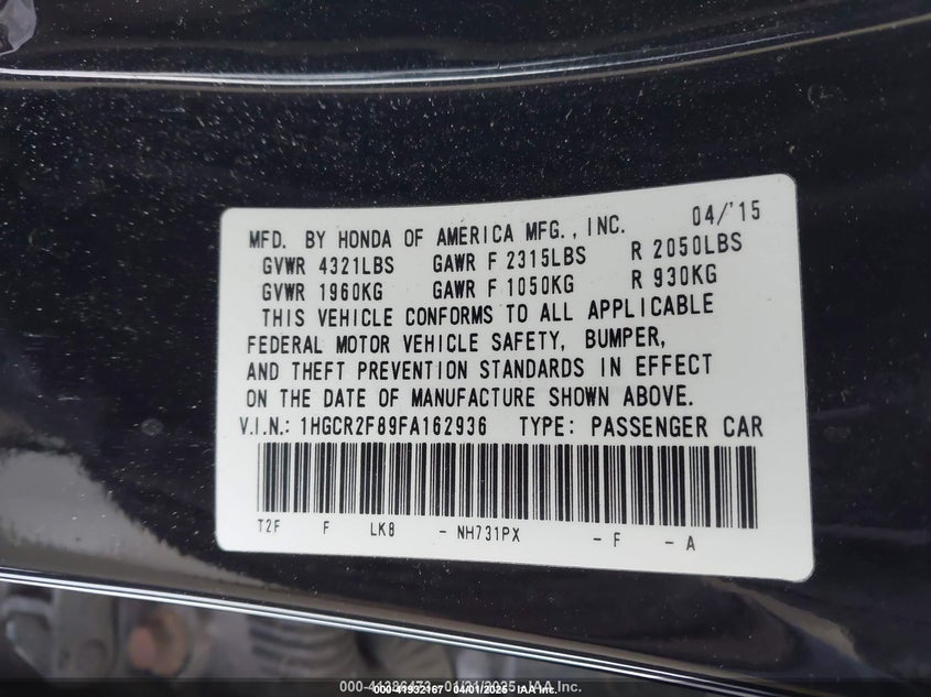 2015 HONDA ACCORD VIN: 1HGCR2F89FA162936