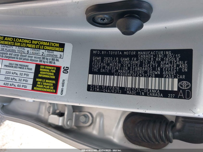 2015 TOYOTA COROLLA VIN: 2T1BURHE0FC431728