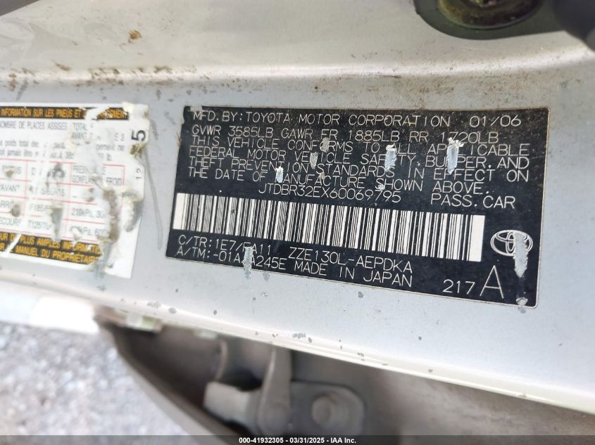2006 Toyota Corolla Ce VIN: JTDBR32EX60069795 Lot: 41932305