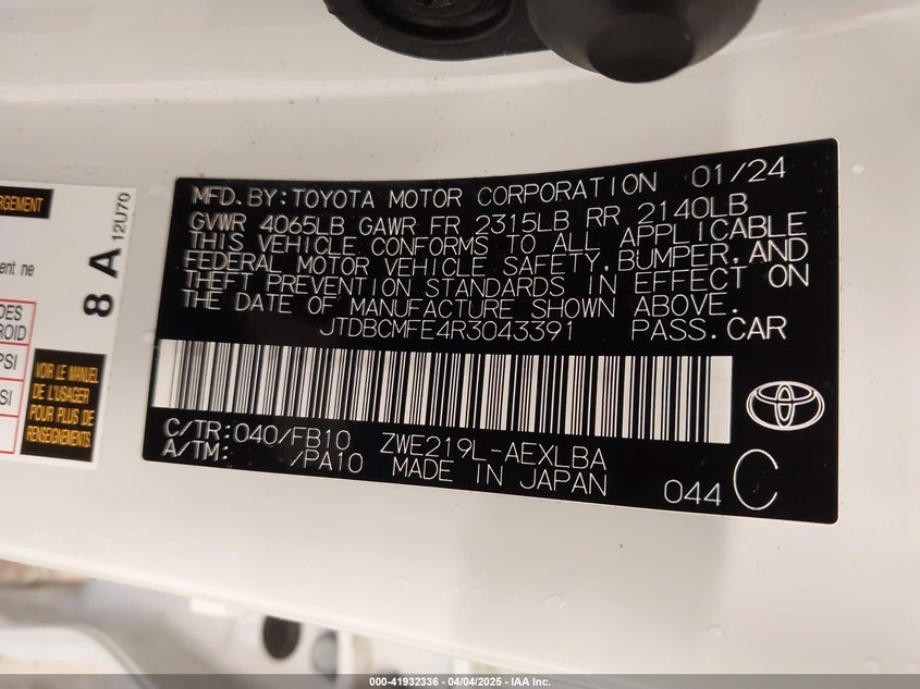 2024 TOYOTA COROLLA VIN: JTDBCMFE4R3043391