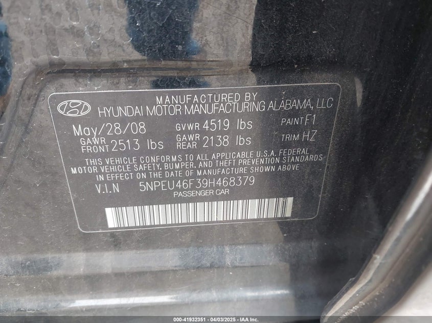 2009 HYUNDAI SONATA VIN: 5NPEU46F39H468379