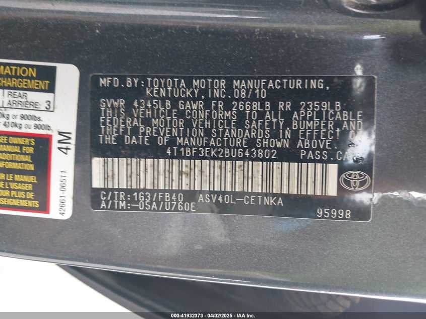 2011 TOYOTA CAMRY VIN: 4T1BF3EK2BU643802