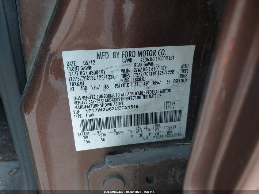 2012 FORD F250 VIN: 1FT7W2B62CEC21519