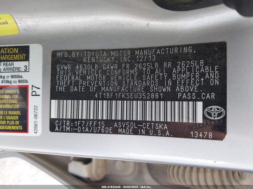 2014 TOYOTA CAMRY VIN: 4T1BF1FK5EU352881