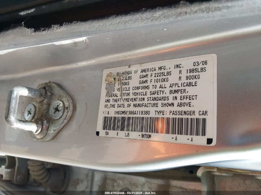 2006 Honda Accord 2.4 Se VIN: 1HGCM56396A119380 Lot: 41932446
