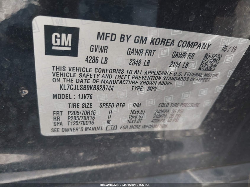 2019 CHEVROLET TRAX LT - KL7CJLSB9KB928744