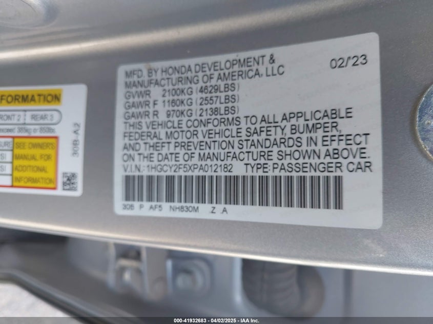 2023 HONDA ACCORD VIN: 1HGCY2F5XPA012182