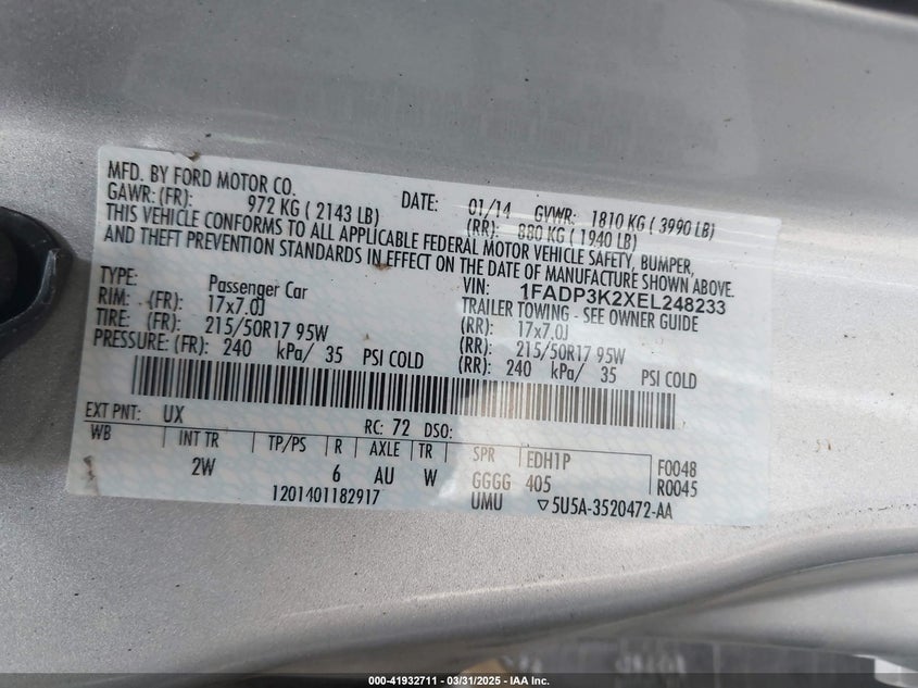 2014 FORD FOCUS VIN: 1FADP3K2XEL248233