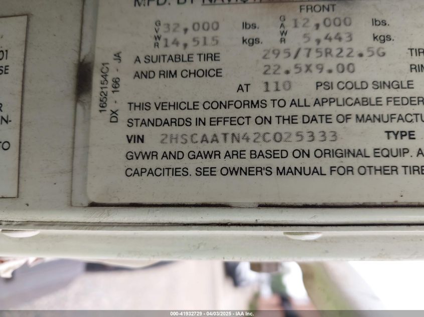 2002 International 9100 9100I VIN: 2HSCAATN42C025333 Lot: 41932729