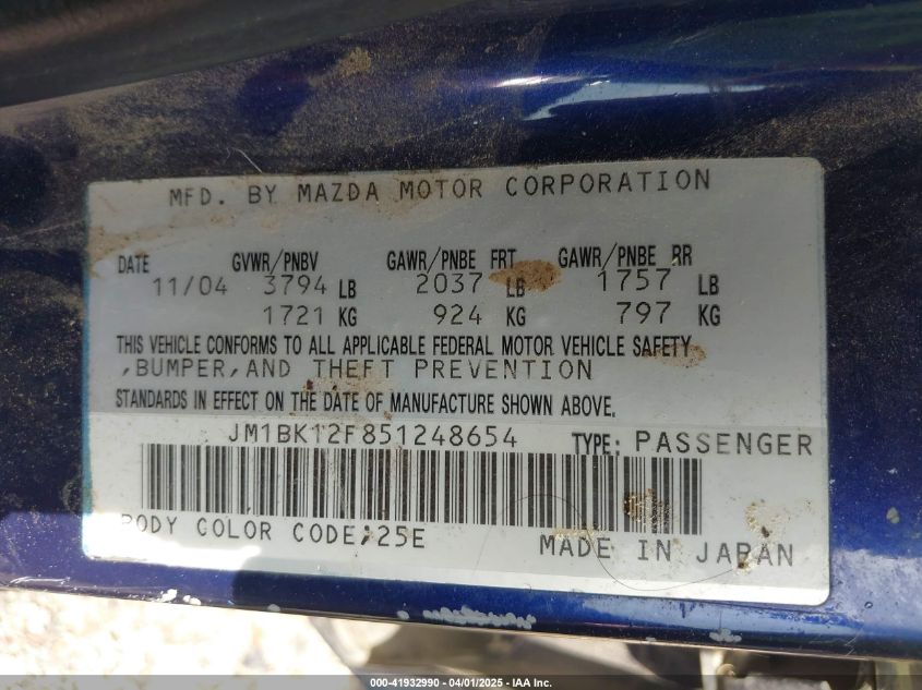 2005 Mazda Mazda3 I VIN: JM1BK12F851248654 Lot: 41932990