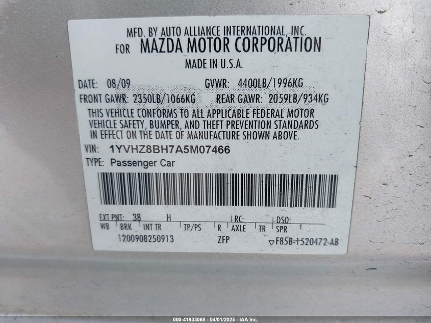 2010 MAZDA MAZDA6 VIN: 1YVHZ8BH7A5M07466