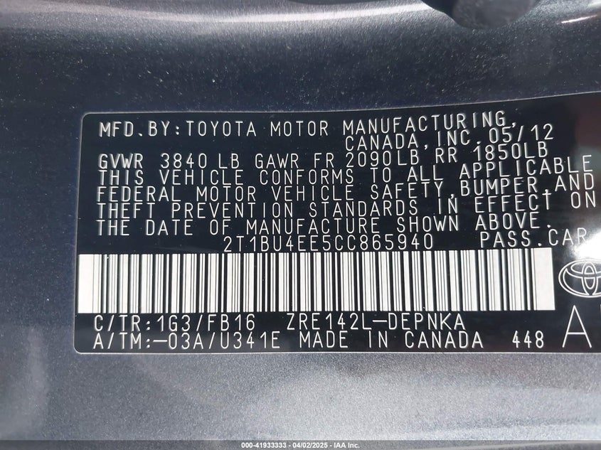 2012 TOYOTA COROLLA VIN: 2T1BU4EE5CC865940