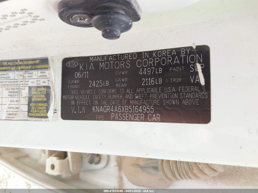 2011 Kia Optima Sx VIN: KNAGR4A6XB5164955 Lot: 41933340