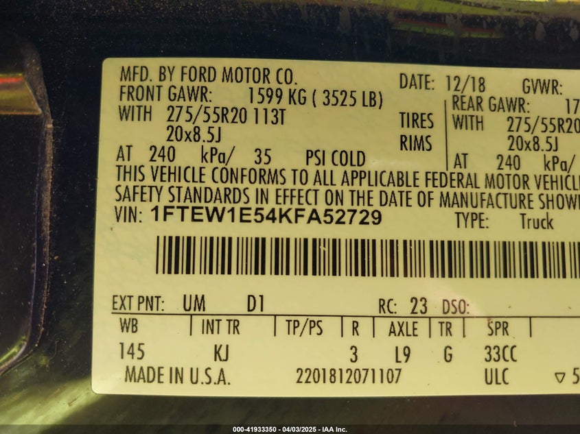 2019 FORD F-150 VIN: 1FTEW1E54KFA52729