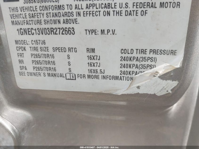 2003 Chevrolet Tahoe Ls VIN: 1GNEC13V03R272663 Lot: 41933407