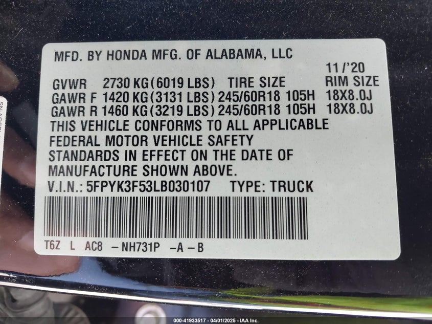 2020 HONDA RIDGELINE VIN: 5FPYK3F53LB030107