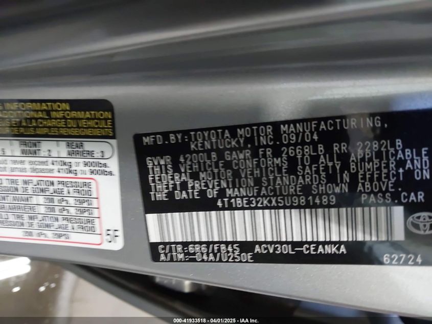 2005 Toyota Camry Le VIN: 4T1BE32KX5U981489 Lot: 41933518