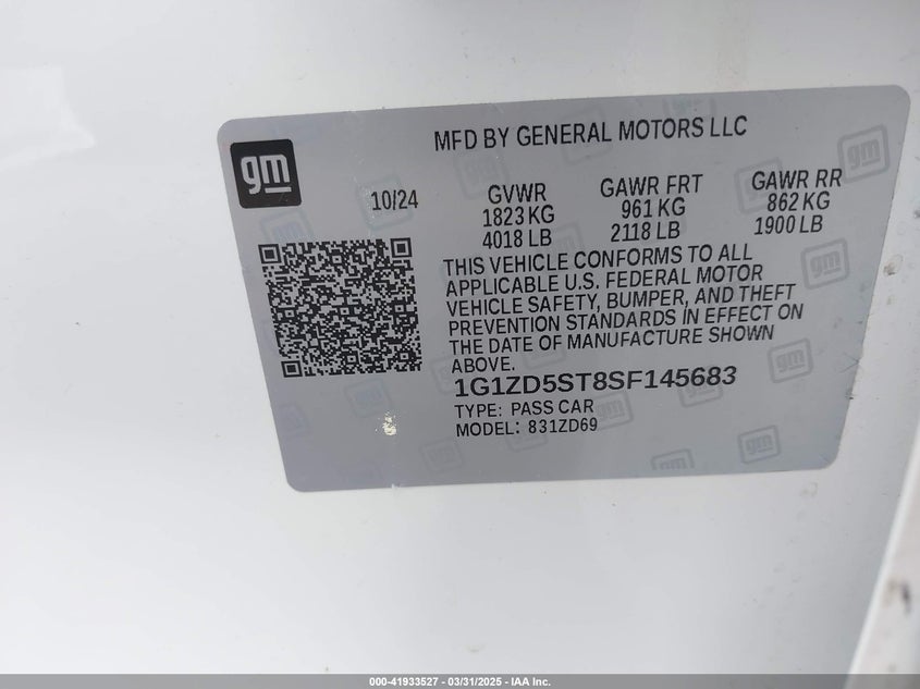 2025 CHEVROLET MALIBU VIN: 1G1ZD5ST8SF145683