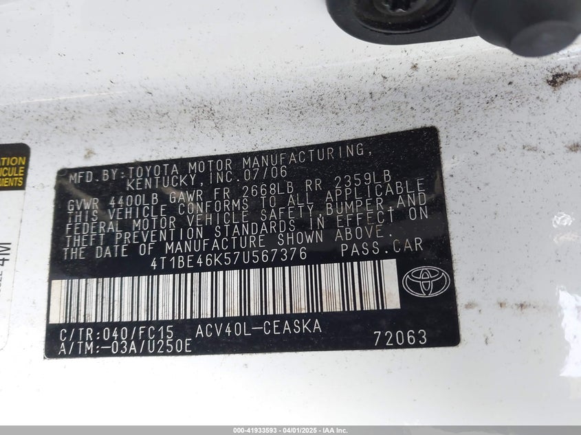 2007 TOYOTA CAMRY VIN: 4T1BE46K57U567376