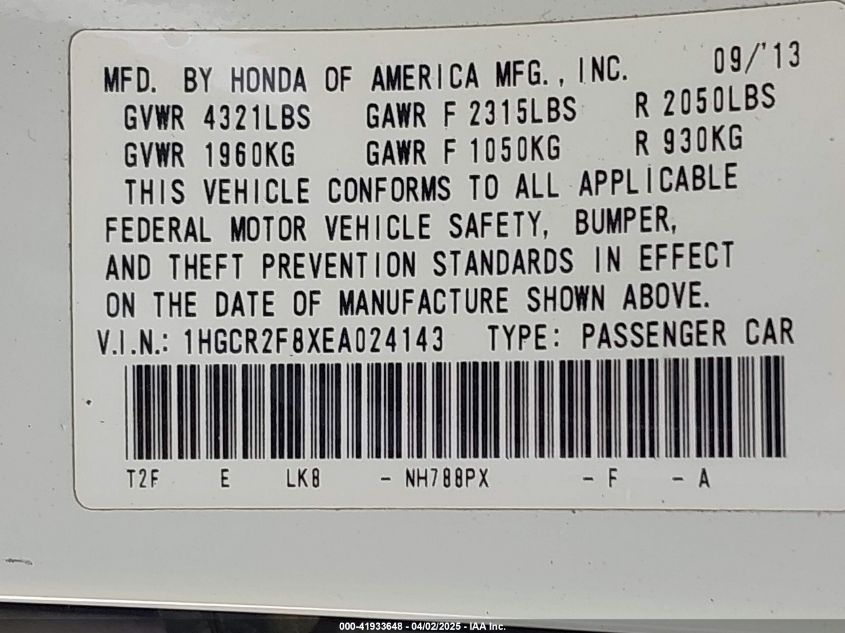 2014 Honda Accord Exl VIN: 1HGCR2F8XEA024153 Lot: 41933648