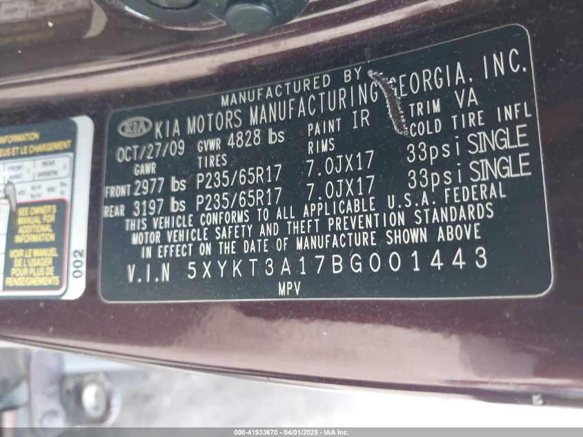 2011 Kia Sorento Lx VIN: 5XYKT3A17BG001443 Lot: 41933670