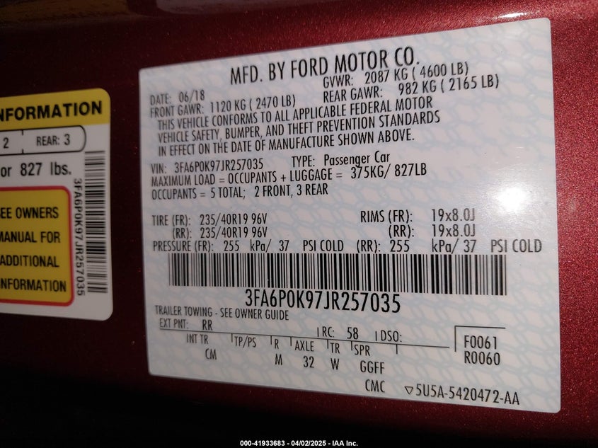 2018 FORD FUSION VIN: 3FA6P0K97JR257035